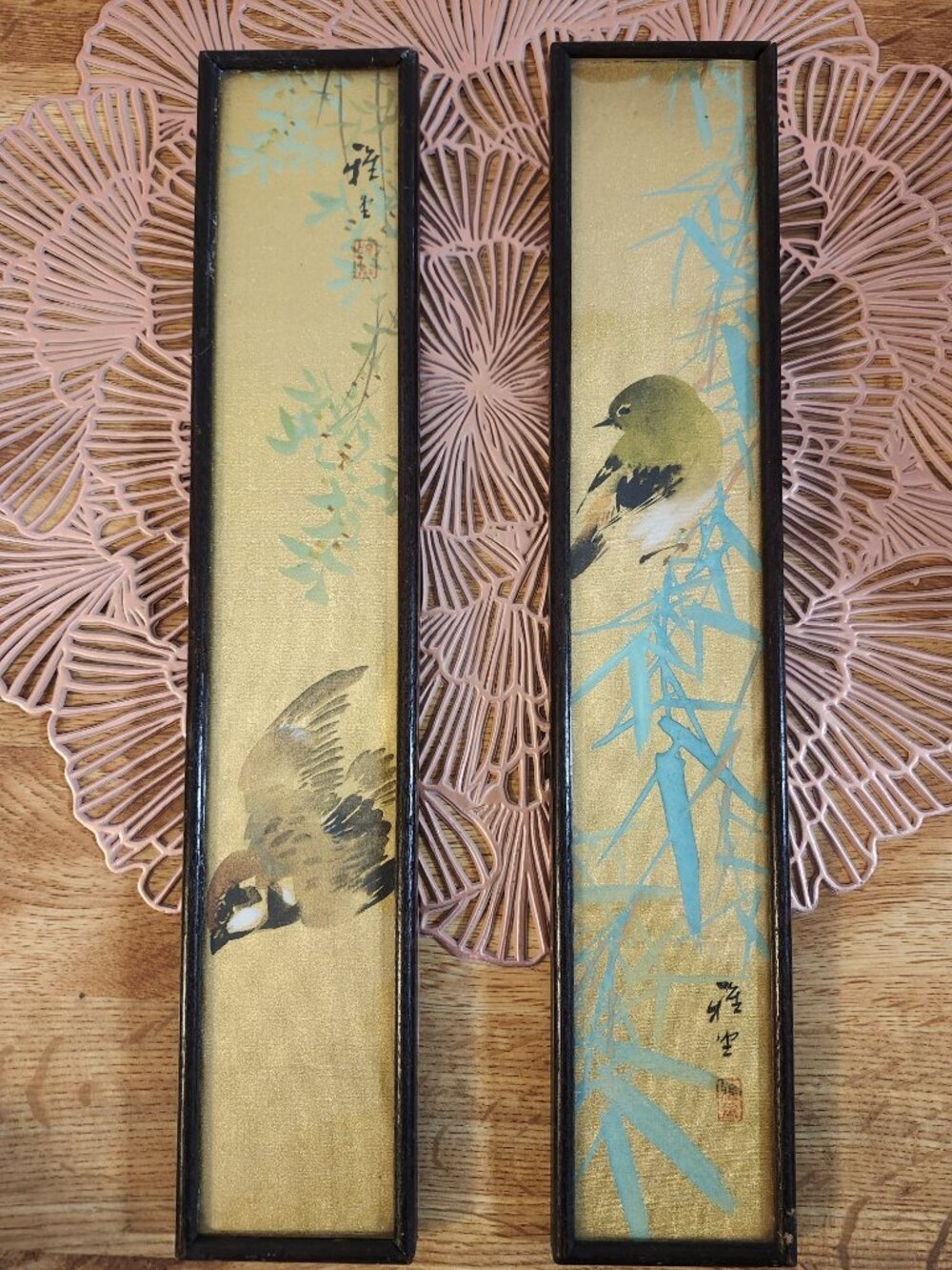 Japanese Bird & Bamboo Painting Set Gold Vintage Framed Set